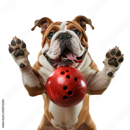 Bulldog holding a red bowling ball up high