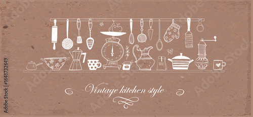 Doodle-style illustration of kitchen tools, including scales, utensils, mugs, and cookware in vintage style on brown parcel paper background