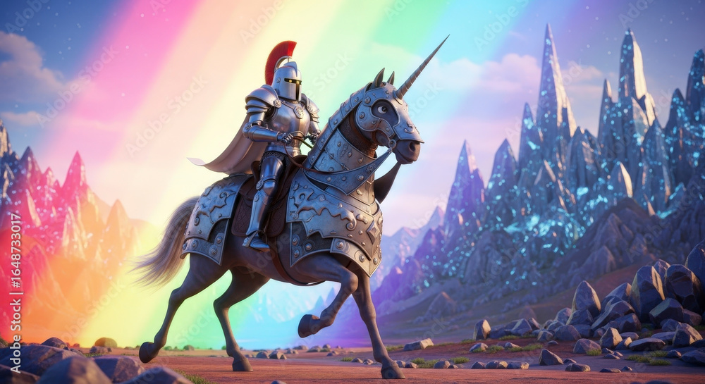 Naklejka premium Fantasy scene with a futuristic robot knight riding a unicorn on a mystical land with crystal mountains and a bright rainbow