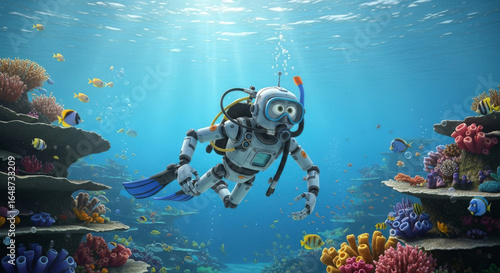 Wallpaper Mural Friendly and cute robot exploring a colorful coral reef underwater wearing a diving suit and flippers with tropical fish Torontodigital.ca