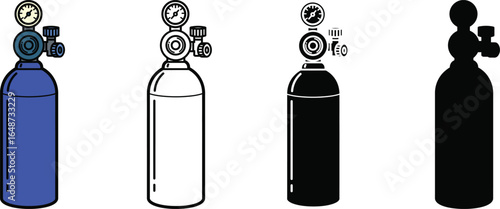 Oxygen cylinder medical gas tank illustration in color line art and silhouette
