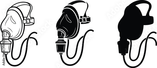 Oxygen mask medical breathing apparatus line art and silhouette