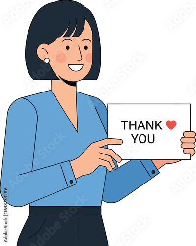 Appreciative woman holding 'Thank You' sign with heart, conveying gratitude