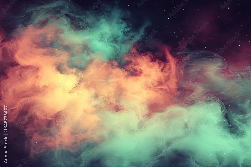 Naklejka premium Abstract swirling smoke in teal, orange, and pink hues against a starry night sky