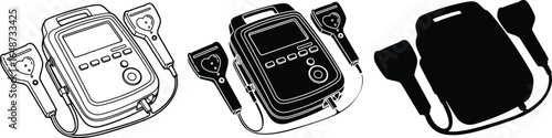 Portable defibrillator medical device line art and silhouette illustration