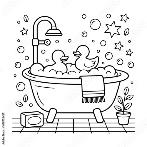 Magical Bathtub Garden - Cute & Cozy Coloring Book for Relaxation and Creativity. Easy, line art vector illustration, Coloring Pages for Kids & Adults