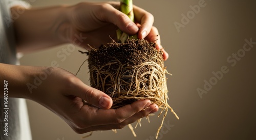 Hands holding a potted plant with roots on neutral background  