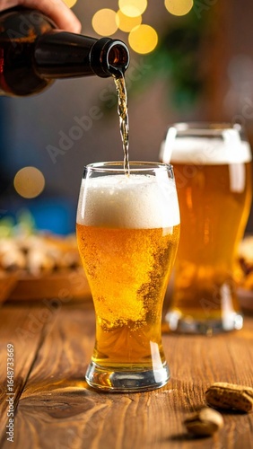 Wallpaper Mural Close-up of beer is poured from dark brown bottle into beer glass. 
 Torontodigital.ca