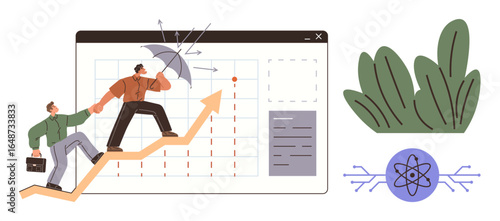 Two individuals cooperate, climbing an upward trajectory graph with one offering protection from obstacles using an umbrella. Ideal for teamwork, leadership, growth, resilience, strategy