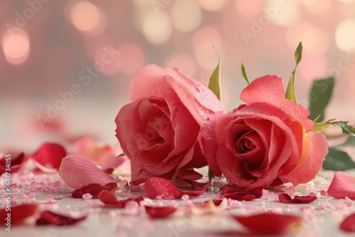 Two pink roses with water droplets and petals on a soft, bokeh background. Ideal for Valentine's Day, weddings, or any romantic occasion.