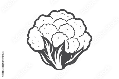 Stylized cauliflower featuring florets and leaves is presented in format on a white background
