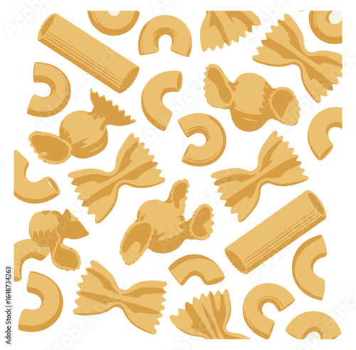 Vector art of a seamless pattern of various pasta shapes including macaroni, farfalle, and elbow pasta, scattered on a white background, isolated on white background, creating a culinary design