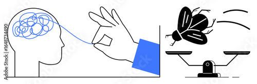 Hand untangles thoughts, pulling a thread from a tangle in the brain. A fly balances on scales. Ideal for mental clarity, self-awareness, mindfulness, balance, problem-solving, decision-making
