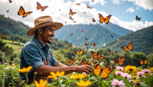 Man surrounded by monarch butterflies in a vibrant flower garden, experiencing nature's beauty