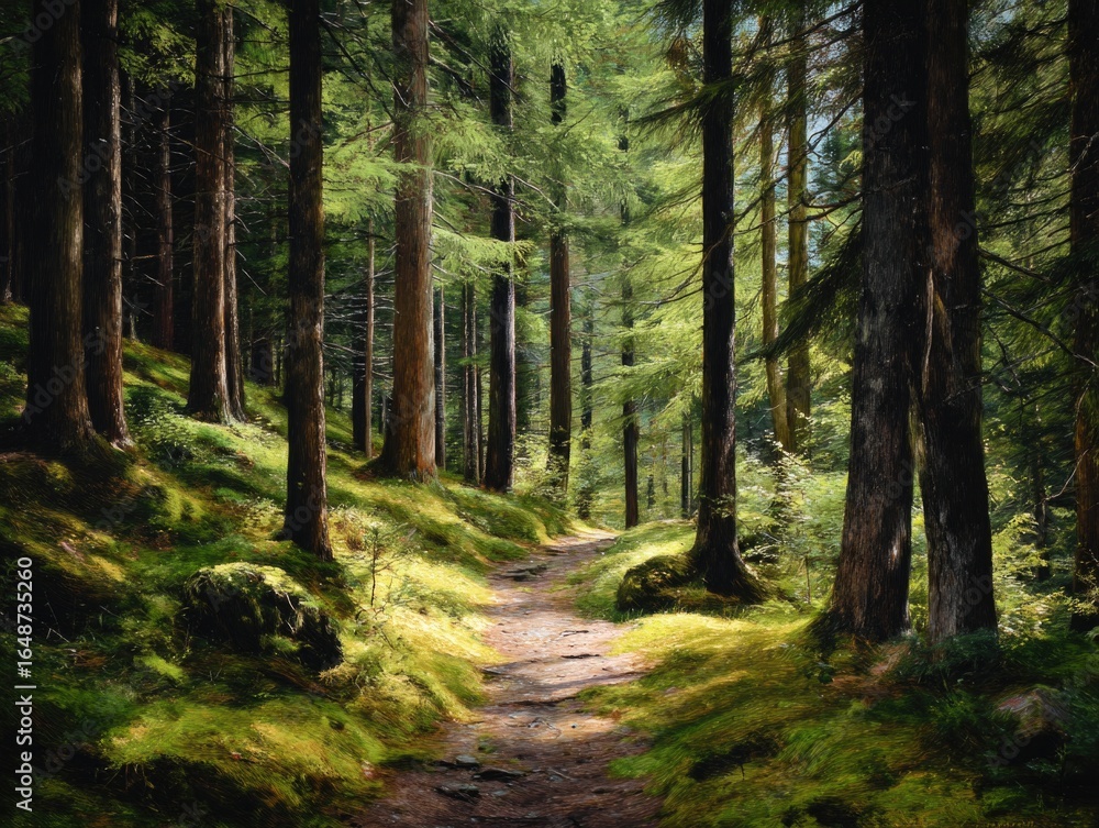 Fototapeta premium Sunlight filters through tall trees onto a winding forest path