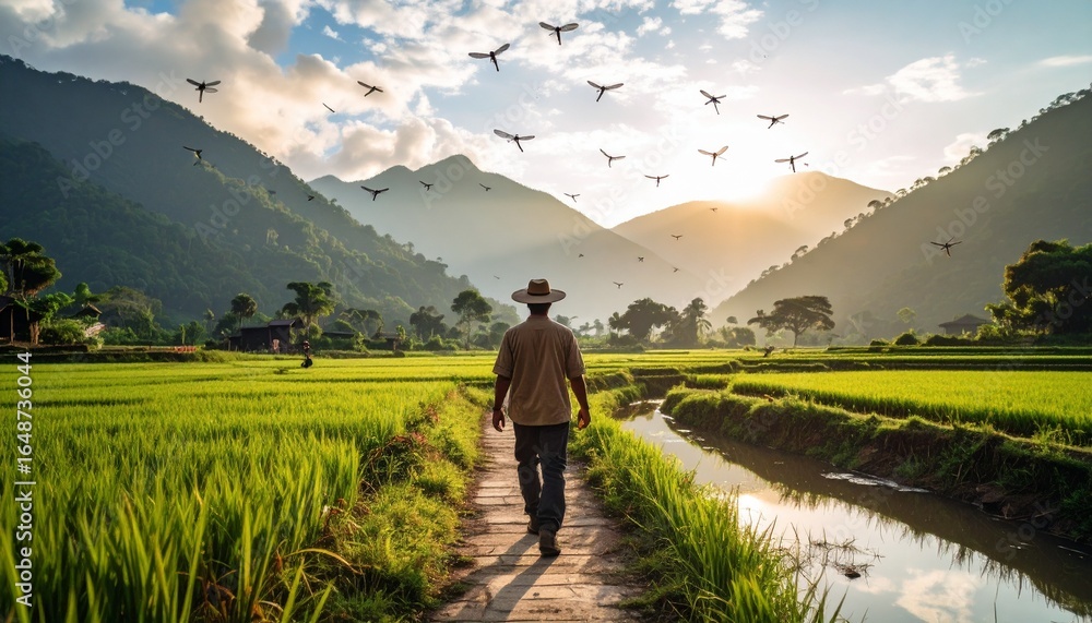 Fototapeta premium Farmer Walking in Rice Paddy Field with Drones Flying Overhead at Sunset