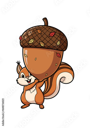 Cartoon squirrel holding a large acorn with autumn leaves on its cap, smiling.