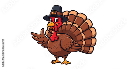 A cheerful cartoon turkey, wearing a Pilgrim hat, gestures welcomingly.