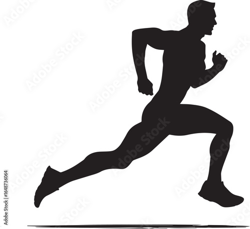 A black and white silhouette of a running man against a white background.