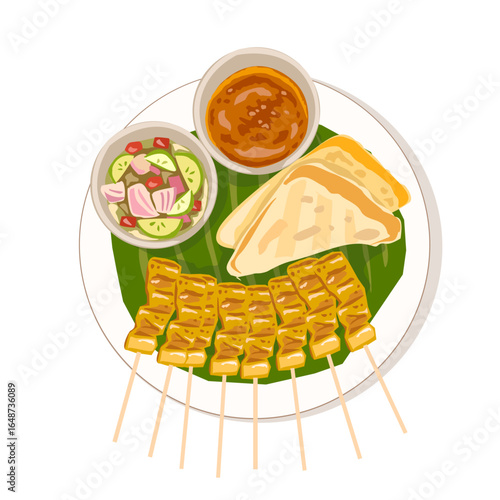 Delicious Chicken or pork Satay with Peanut Sauce, Fresh Salad, and Flatbread on a Plate