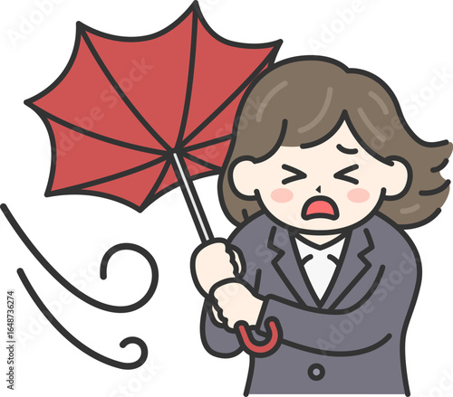 強風で傘が裏返ってしまった、スーツの女性のイラスト｜強風・大雨・台風の日