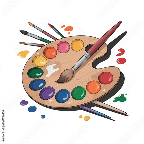 Palette with vibrant colors and brushes in a creative setting for artistic expression