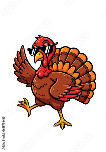A cool turkey in sunglasses struts, wings outspread, showcasing a confident and playful Thanksgiving spirit.