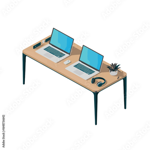 Modern office desk setup with laptop and plant in a professional workspace