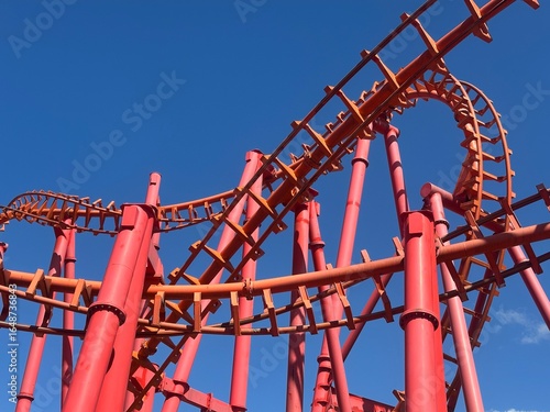 A thrilling view of the extreme roller coaster Mayan at Energylandia amusement park in Zator, Poland. 