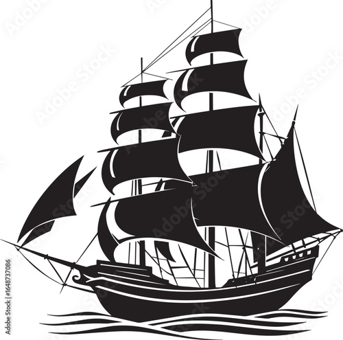 A black and white illustration of a pirate ship with tall masts and sails on a calm sea.