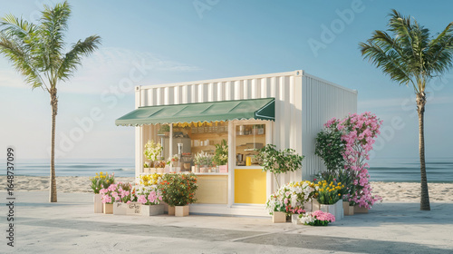 A cute flower cafÃ© in a white shipping container with pastel pink flowers, a green awning, and a yellow door inside.