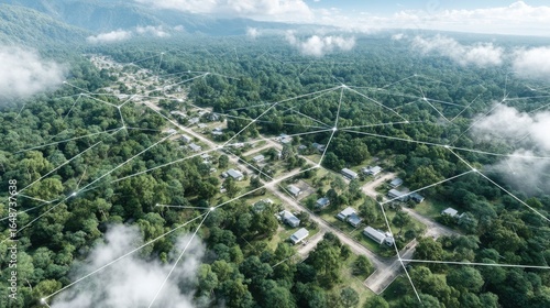 Village in Amazon Rainforest Connected by Digital Network Aerial View for Sustainability Tech and 