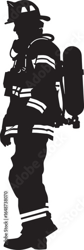 A black and white silhouette of a firefighter in full gear, standing with one hand on their hip and the other holding a fire hose.