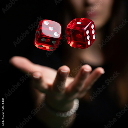 Two moving dice for playing dice game close-up, thrown by a blurred young woman's hand, isolated on black background. Concept of winning, jackpot, gambling addiction.