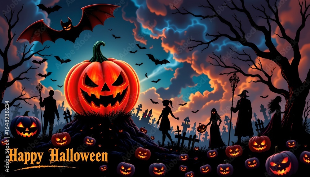 Fototapeta premium A festive Halloween scene with a pumpkin lit jack o' lantern in the foreground, surrounded by a spooky graveyard filled with tombstones and skeletal figures