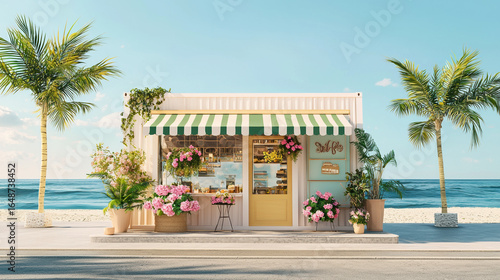 A cute flower cafÃ© in a white shipping container with pastel pink flowers, a green awning, and a yellow door inside. 