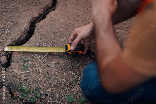 Принти на полотні Construction worker measuring crack in ground with tape measure