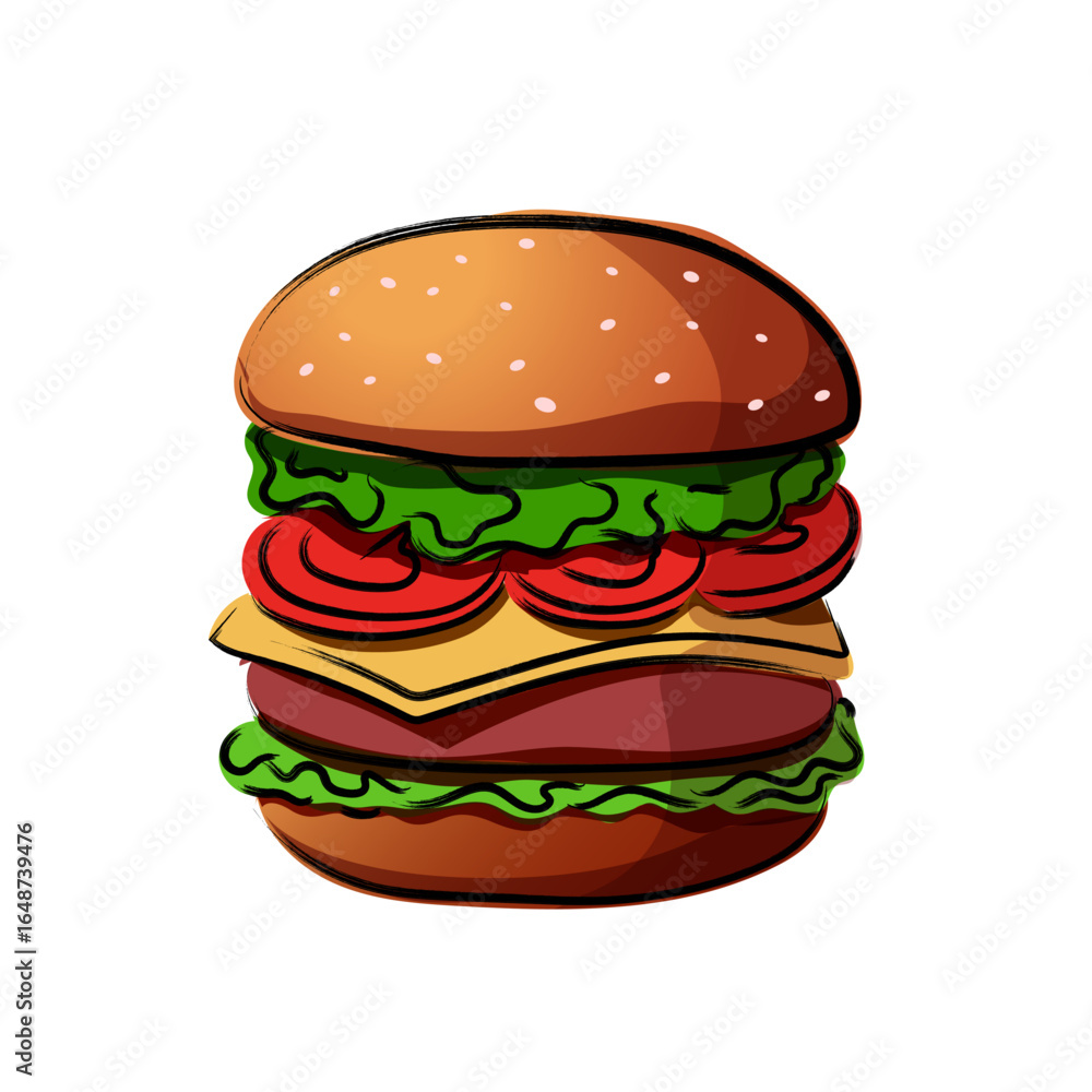 hand drawn colorful and black line art delicious burger design isolated on transparent background. hand drawn colorful and black line art delicious burger design isolated on transparent background.