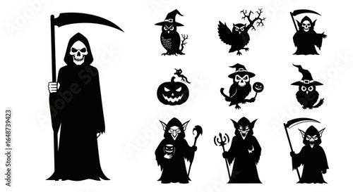 Eerie black silhouette of the Grim Reaper, a hooded skeleton figure holding a sharp scythe.