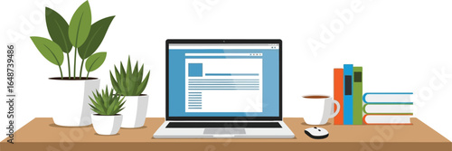 Modern office setup with laptop, plants, coffee, and books for productive work