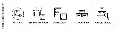 Inventory Management banner web icon illustration concept with icon of restock, inventory chart, item count, storage bin, and check stock