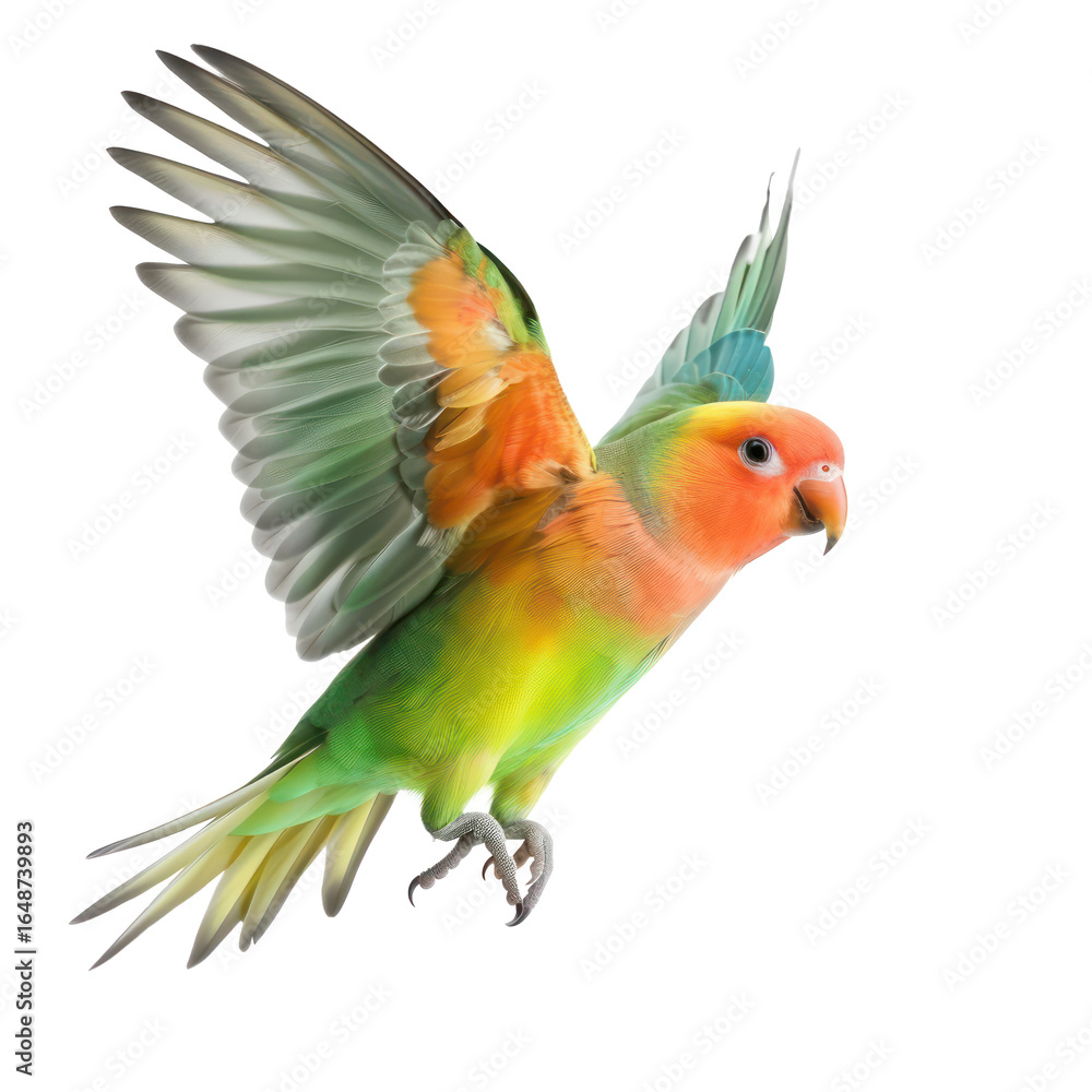 Fototapeta premium A colorful parrot in flight against a transparent background.