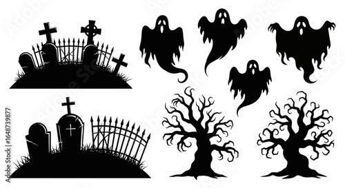 Halloween Silhouettes - Ghosts, Gravestones, and Dead Trees.