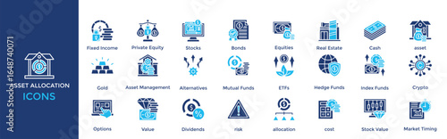 Asset allocation icon set. Containing Stocks, Bonds, Equities, Cash, asset