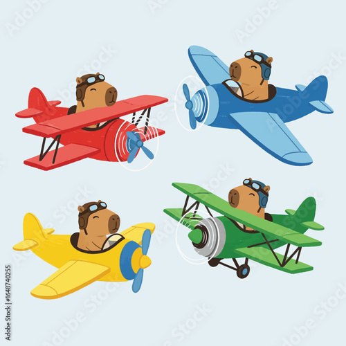 Four Adorable Capybaras Piloting Colorful Biplanes and Monoplanes Through the Sky