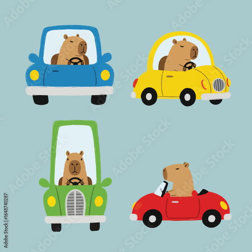 Cute Capybaras Driving Different Colorful Cars Cartoon Illustration