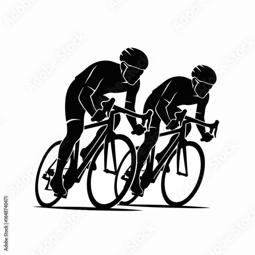 Two silhouette cyclists in aerodynamic race positions pedaling hard on their road bicycles