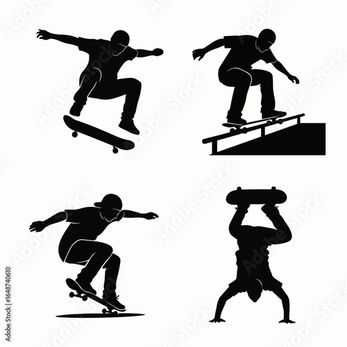 Dynamic Silhouettes of Skateboarders Performing Various Street Tricks and Aerial Maneuvers