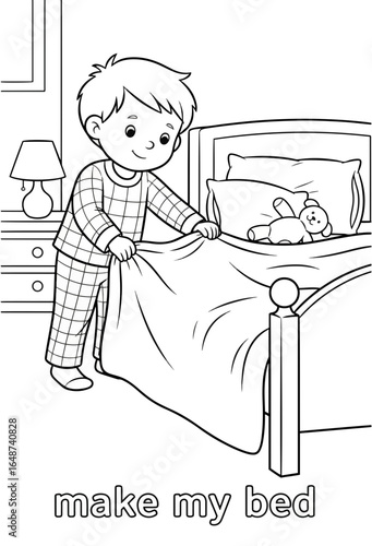 Cute Boy Making His Bed in the Morning with a Teddy Bear on the Pillow