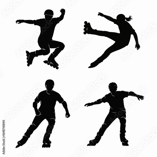 Dynamic Silhouettes of Roller Skaters Performing Various Tricks and Stunts on a White Background